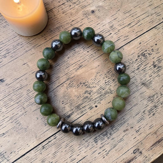 Bracelet Force et Sérénité en jade vert d'Afrique & hématite